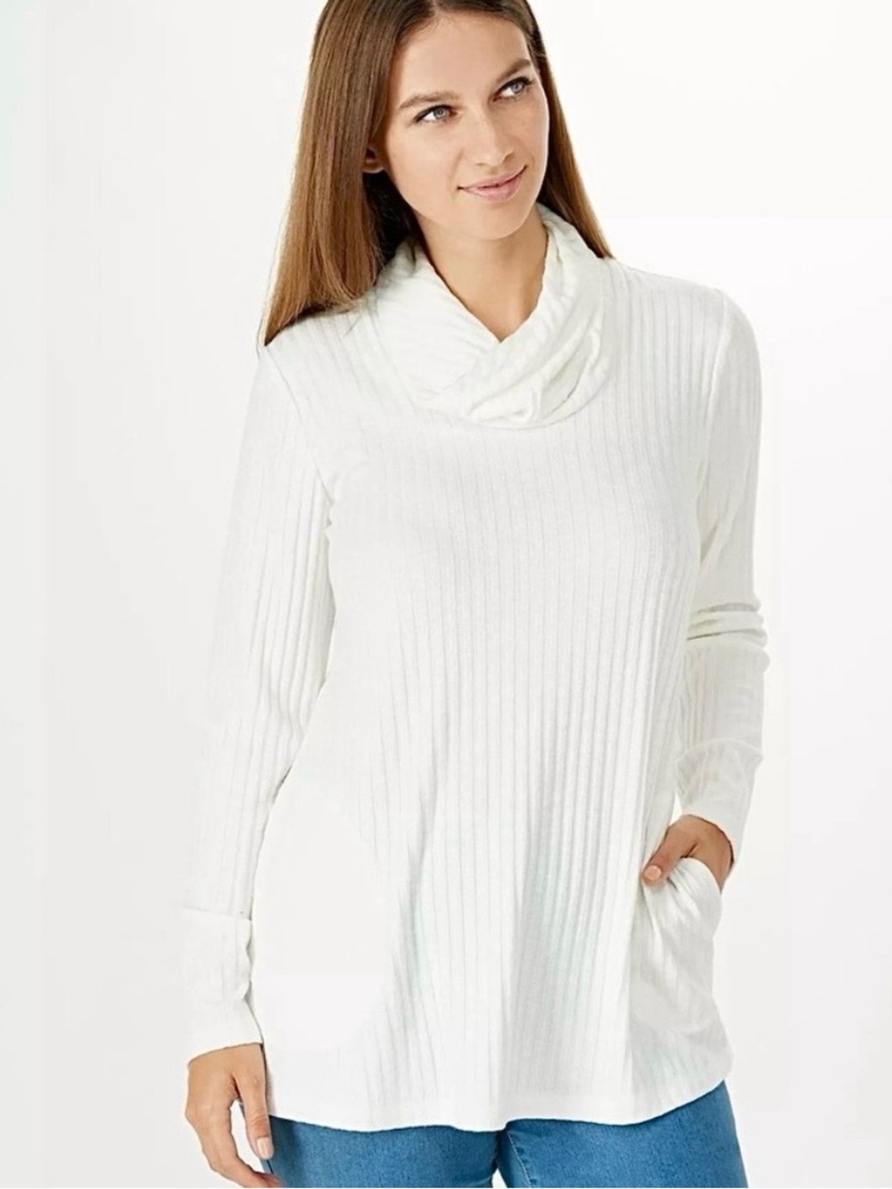 Susan Graver Weekend white ribbed knit cowl neck long sweater tunic pockets S